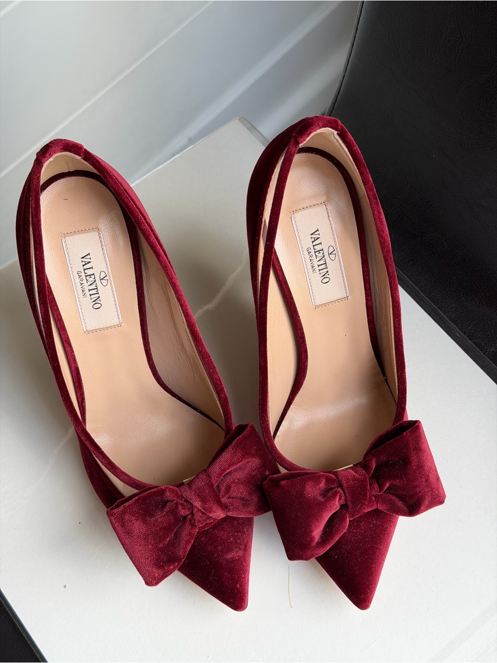 Valentino Garavani Burgundy Velvet Bow Pointed Pumps